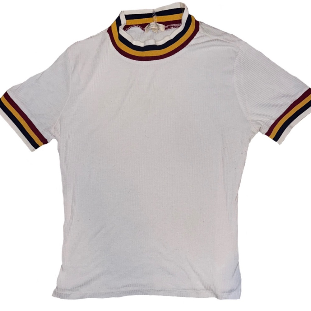 White ribbed ringer shirt with striped collar and sleeves